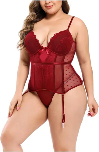 Vista 5 de RHWHOGLL Lencería de talla grande para mujer para sexo travieso de malla de encaje babydoll body con cuello en V transparente de peluche moldeador 9