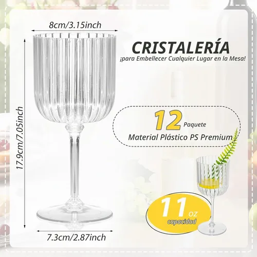 Vista 2 de Jingmore Paquete de 12 copas de vino de plástico acanaladas con tallo de 11 onzas, copas de vino desmontables, desechables, estilo vintage