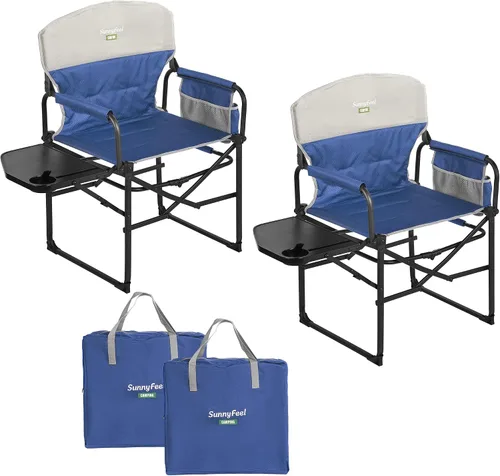 Vista 29 de SUNNYFEEL Silla de Directores de Camping, Silla Plegable Portátil de Gran Tamaño con Mesa Lateral, Bolsillo para Playa, Pesca, Viaje, Picnic