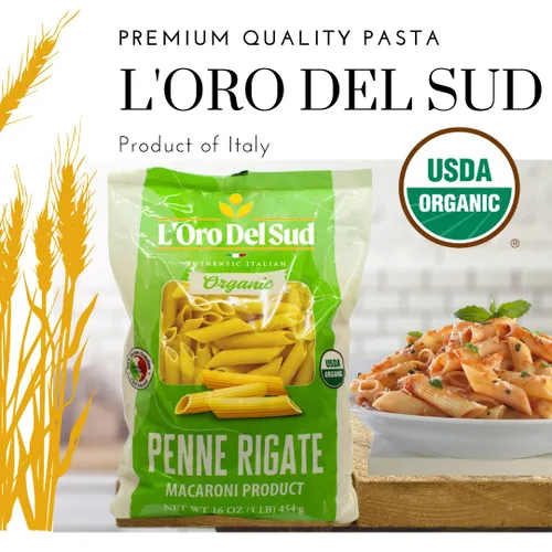 Vista 2 de Riga Penne orgánica, 100% trigo duro, pasta italiana, producto de calidad premium de Italia (paquete de 20 x 16 onzas), sin OMG, vegano, certificado