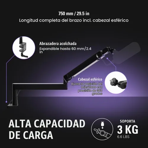 Vista 4 de Elgato Wave Mic Arm Pro - Brazo de micrófono de resorte de gas de perfil bajo giratorio 360°, funciona con micrófonos/Shure SM7B/HyperX Negro