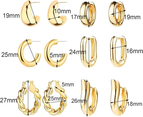 Vista 5 de Juego de 6 pares de aretes de aro de oro para mujer, chapados en oro de 14 quilates, hipoalergénicos, ligeros, gruesos, abiertos, joyería para regalo