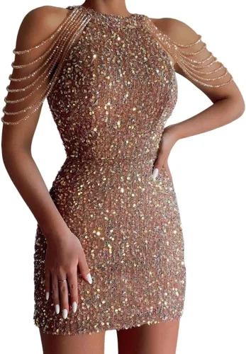 Vista 2 de PHILISENMALL Vestido de fiesta de cóctel con falda brillante para mujer, vestido ajustado con borlas y cuello redondo para actuaciones al aire libre