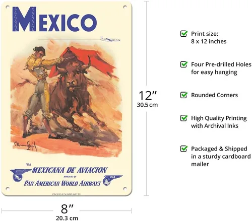 Vista 2 de México - via Mexicana de Aviación - Pan American World Airways - Bull Fighter - Póster vintage de viaje de aerolínea por Carlos Ruano Llopis c.1950