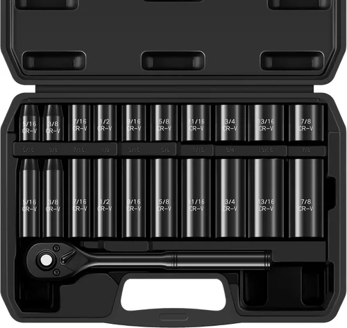 Vista 10 de Reniteco Juego de 25 piezas de llaves de casquillo de 1/2" de transmisión, SAE (3/8"- 1-1/2"), casquillos profundos, barras de extensión, reductor