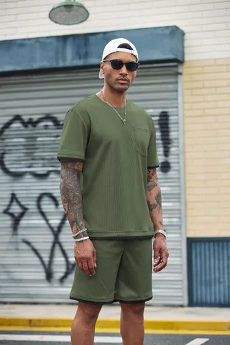 Vista 8 de COOFANDY Conjunto de camisa y pantalones cortos de gofre para hombre, conjunto de 2 piezas, conjunto casual de verano con bolsillos
