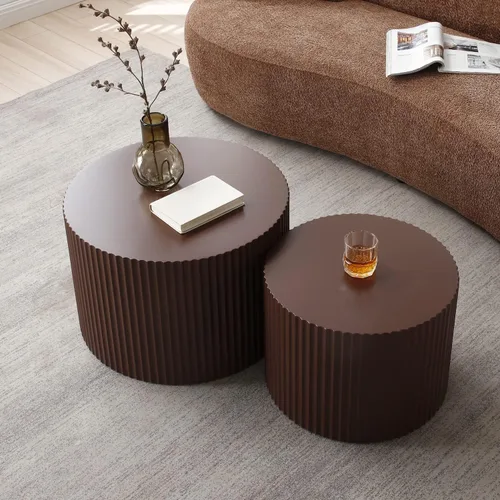 Vista 4 de JUSTONE Juego de 2 mesas de centro redondas anidadas, mesas decorativas de madera modernas marrones que ahorran espacio para espacios pequeños