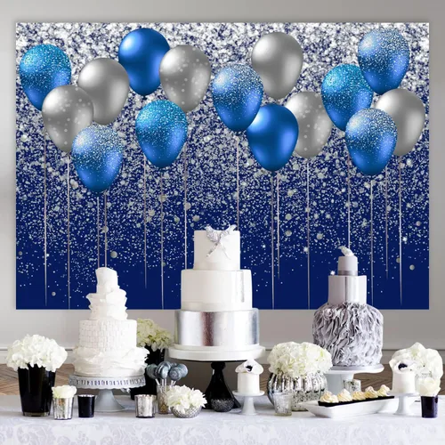 Vista 5 de Fondo de globo azul y plateado de 7 x 5 pies, fondo plateado con purpurina, boda, graduación, fiesta de cumpleaños, pancarta, decoración de mesa
