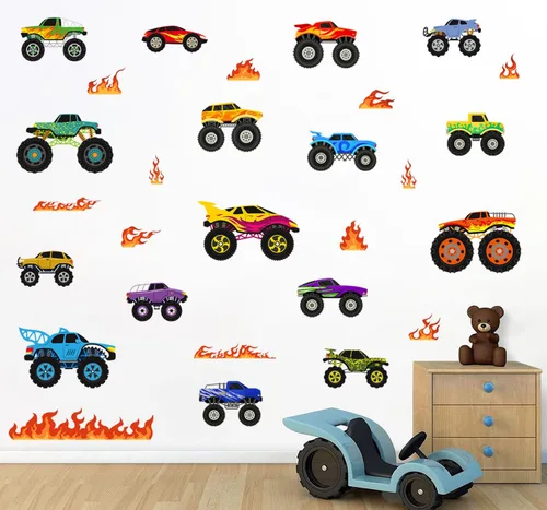 Vista 7 de Calcomanías de pared extraíbles de camión monstruo 3D, calcomanías de pared de camiones de bomberos despegar y pegar, calcomanías artísticas