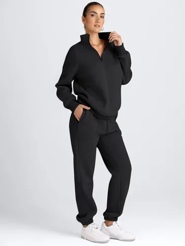 Vista 4 de AUTOMET Conjunto deportivo de 2 piezas para mujer, manga larga, media cremallera y pantalones deportivos holgados con bolsillos