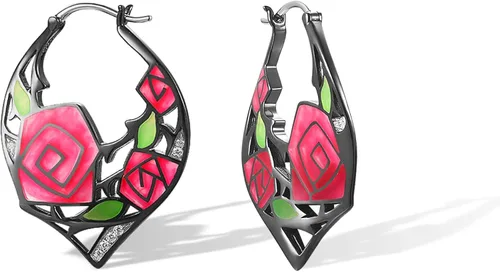 Vista 2 de Santuzza Aretes de aro de plata de ley 925 hechos a mano con flores esmaltadas Plata de ley Esmalte Circonia cúbica