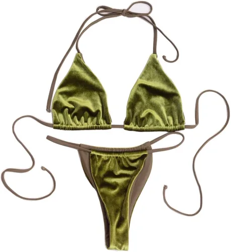 Vista 2 de YAUASOPA Traje de baño retro de pana de terciopelo para mujer con tanga halter y micro triángulo