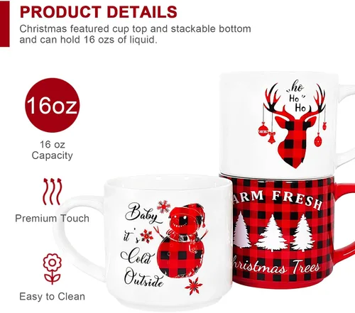 Vista 4 de QIKSION Juego de 6 Tazas de Café Navideñas de 16 oz, Grandes Tazas de Chocolate Caliente, Juego de Tazas de Cerámica de Cocoa para Vacaciones Regalo