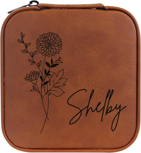 Vista 105 de Joyero de flores de nacimiento personalizado Estuche de viaje (cuero crudo, abril - guisante dulce)