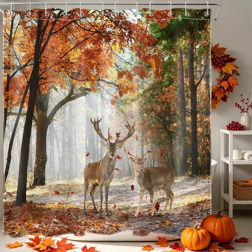 Vista 9 de HVEST Cortina de ducha con ganchos, calabaza espeluznante y fantasma con sombrero de bruja negro, juego de cortina de ducha naranja con flores
