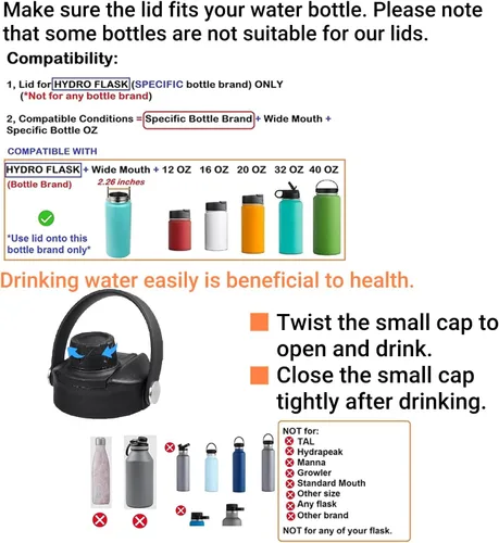Vista 3 de Tapa de boquilla para botella de agua de boca ancha Hydro Flask. Se adapta a 12, 16, 18, 20, 32, 40 onzas, tapa de pico con mango flexible, repuesto