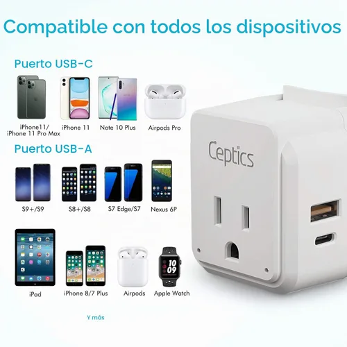 Vista 8 de Ceptics Adaptador de Enchufe de Corriente Internacional Juego de Viaje, 20W PD y QC, USB Dual Seguro y USB-C 3.1A - 2 Tomas de EE.UU. - Compacto