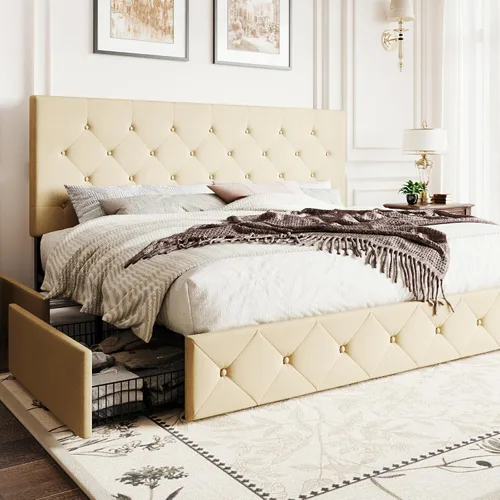 Vista 22 de SHA CERLIN Base de cama de plataforma tamaño matrimonial tapizada con 4 cajones de almacenamiento, cabecero ajustable con diseño cosido en cuadrados
