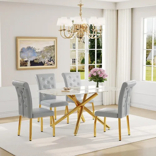 Vista 20 de Juego de mesa de comedor moderna para mesa de comedor negra de 4,63 pulgadas, juego de 4 con patas de metal dorado, mesa de cocina rectangular