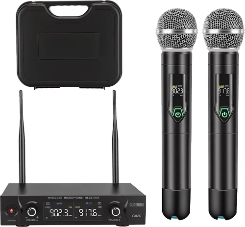 Vista 7 de Sistema de Micrófono Inalámbrico con Estuche, Micrófono Inalámbrico Dual de Mano UHF Metálico de 20 Canales Profesional para Iglesia, DJ, Karaoke