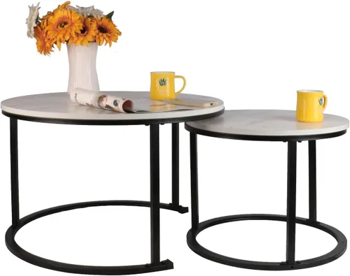 Vista 3 de Juego de café redondo anidable, mesa de cóctel moderna apilable para sala de estar, oficina, balcón, mesas anidables de 2 piezas con marco de metal