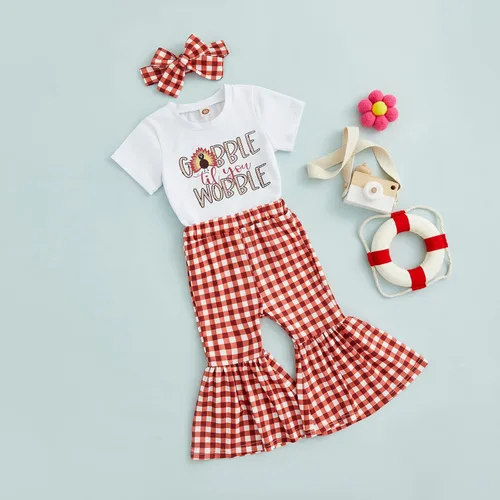 Vista 2 de Conjunto de 2 piezas para bebé niña pequeña, camiseta de manga corta con letras, pantalones acampanados, pantalones acampanados, ropa de festival