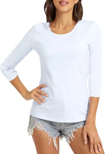 Vista 3 de Camiseta básica de manga 34 con cuello redondo para mujer, estilo casual, de algodón liso y delgado