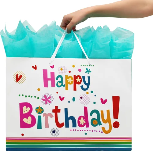 Vista 6 de Qirrmiy Juego de bolsas de regalo extra grandes de 16.5 pulgadas con tarjeta de felicitación y papel de seda verde (lindo "Happy Birthday")