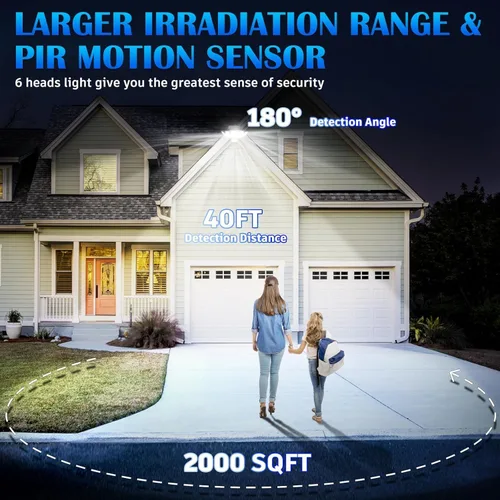 Vista 3 de Luces de Inundación Solares con Sensor de Movimiento para Exteriores – 496 LED 3500 lm, 3 modos de iluminación, 3 niveles de brillo, 6 cabezales