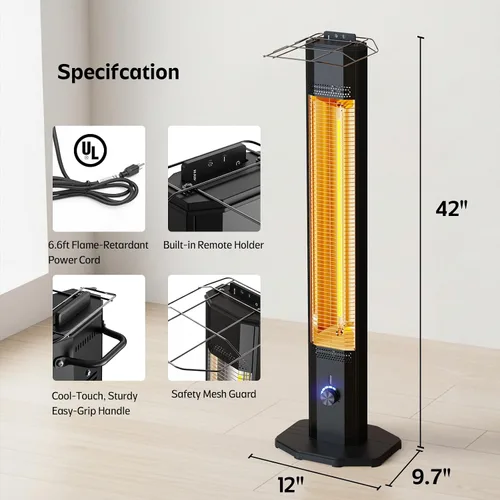 Vista 8 de Calentador eléctrico para patio al aire libre, calentador de torre infrarrojo de 42 pulgadas de 1500 W con 9 ajustes de calor y temporizador de 9