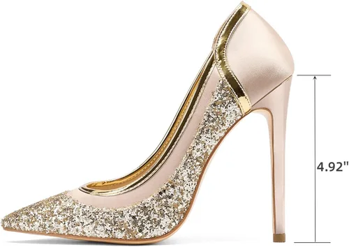 Vista 4 de manne Zapatos de tacón de aguja para mujer, tacón alto de 4.92 pulgadas, zapatos de lujo brillantes para fiesta, boda, novia, puntera cerrada, satén