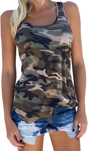 Vista 2 de Lindas camisetas deportivas sin mangas de camuflaje para correr, para entrenamiento, gimnasio, espalda cruzada, para mujer Camo Verde