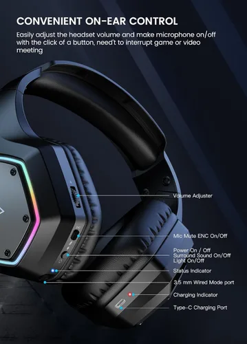 Vista 7 de EKSA - Auriculares inalámbricos para juegos, auriculares USB con micrófono de 2.4GHz para PC, PS5, PS4, Nintendo Switch, auriculares para PC
