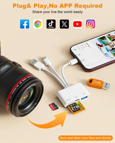 Vista 5 de Rocketek Lector de tarjetas SD y adaptador de unidad flash para iPhone White
