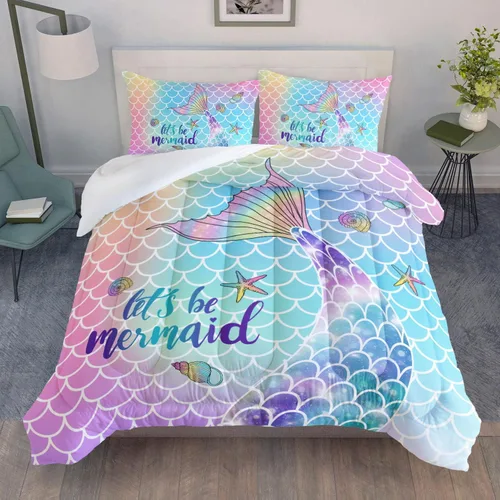Vista 4 de Datura home Juego de edredón de cama con estampado de sirena con escamas de arco iris con 1 edredón y 2 fundas de almohada para dormitorio de niñas