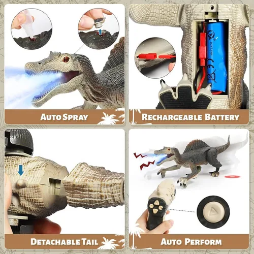 Vista 5 de Juguetes de dinosaurio mejorados para niños de 3, 5 y 7 años, juguetes de Spinosaurus con control remoto con luz indicadora, persiguiendo, rociando