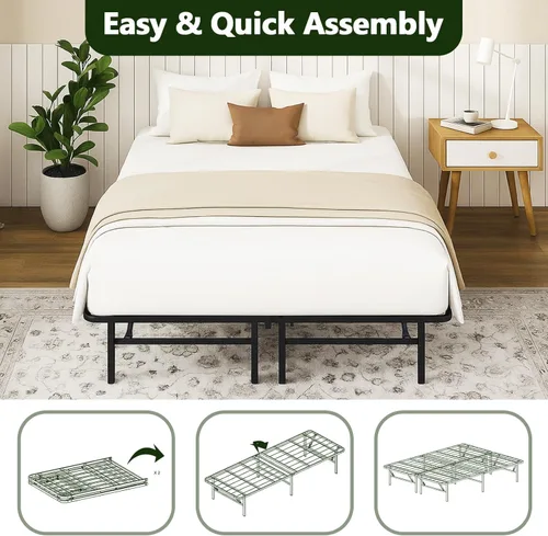 Vista 4 de Base de cama plegable de tamaño matrimonial, plataforma de metal con almacenamiento debajo de la cama de 14 pulgadas, resistente, sin ruido, fácil