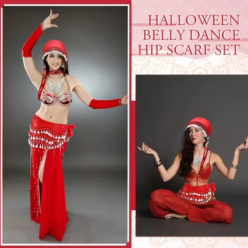 Vista 4 de Kigeli Disfraz gitano de 4 piezas para mujer, accesorios de adivinos, para Halloween, danza del vientre, bufanda de cadera, bufanda de cabeza gitana