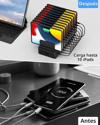 Vista 6 de Estación de carga de 100 W para múltiples dispositivos, estación de carga rápida USB de 10 puertos con divisores ajustables y 10 cables, base