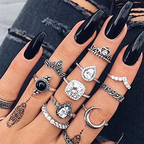 Vista 3 de BERYUAN Anillos negros góticos para mujeres, anillos para adolescentes, niñas, anillos para mujeres, lindos anillos apilables