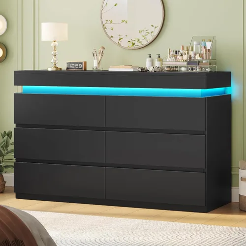 Vista 14 de HAUOMS Cómoda alta de 6 cajones con luz LED, cómoda moderna negra para dormitorio, armarios con cajones para sala de estar, entrada, pasillo
