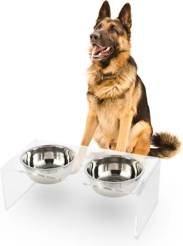 Vista 14 de DBL2000B Keaton - Comedero rectangular elevado moderno de lucita para mascotas de 5 pulgadas, tamaño pequeño/mediano, con 2 cuencos de acero