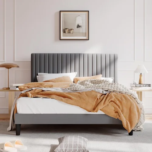 Vista 10 de SHA CERLIN Base de cama de plataforma tapizada completa con cabecera ajustable, tela de terciopelo capitoné de canal vertical, soporte de listones