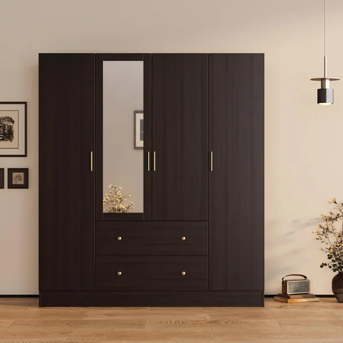 Vista 3 de AGOTENI Armario grande para dormitorio con 1 espejo y 2 cajones, armario de 70.9 pulgadas de alto con puertas y estantes, barra para colgar