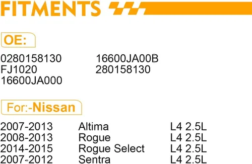 Vista 2 de 0280158130 2.5L L4 para: - Inyectores de combustible Nissan se adapta a Rogue 2008-2015, Altima 2007-2013, Sentra 2007-2012, reemplazar OEM #