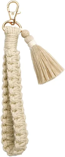Vista 13 de Llavero de macramé bohemio hecho a mano con borla para mujer, llavero con llavero A_café