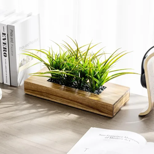 Vista 3 de MyGift - Grandes plantas artificiales de césped verde en maceta de 14 pulgadas en caja de madera maciza de acacia premium rectangular, centro