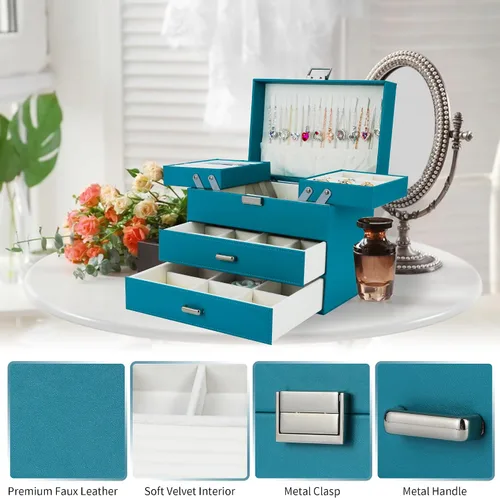 Vista 6 de Dajasan Organizador de joyero, caja organizadora de joyas, caja de almacenamiento de joyería de cuero de 4 capas, idea de regalo para mujeres