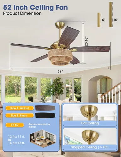 Vista 5 de Parrot Uncle Ventiladores de techo con luces y control remoto, ventilador de techo rústico de 52 pulgadas para dormitorio, ventiladores de techo al