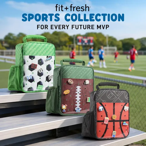 Vista 10 de Fit & Fresh Lonchera personalizable con dije para niños y niñas, lonchera infantil de fútbol con 6 dijes deportivos, bolsa de almuerzo reutilizable